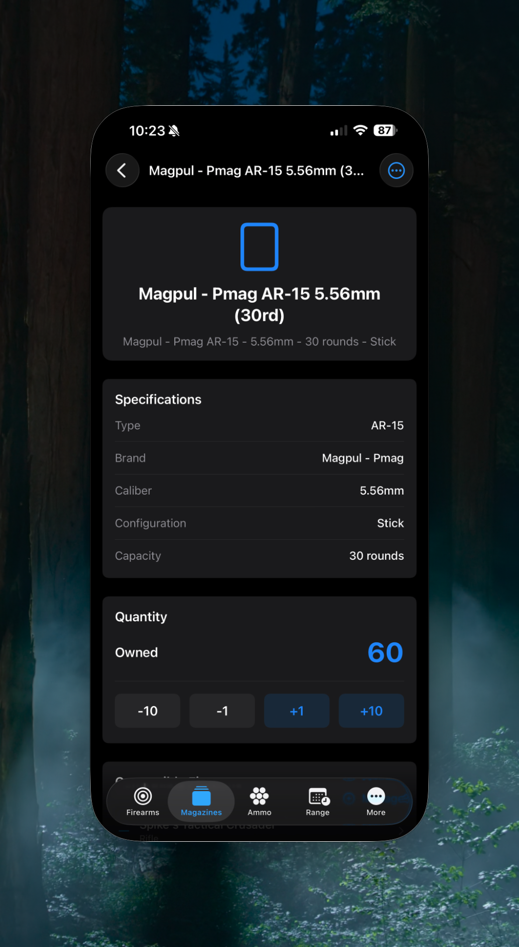 iPhone — Magazine detail with specs and quick quantity adjustment